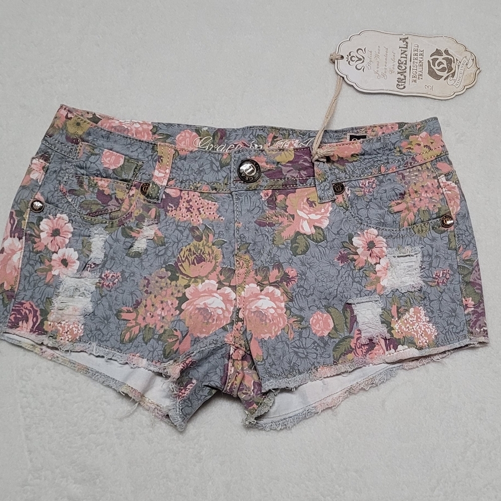 Grace in LA New Gray Pink Floral Distressed Raw Cut Micro Mini Denim Shorts 3/25 - Picture 2 of 10